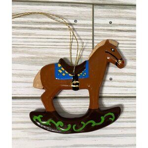Ceramic Rocking Horse Ornament With Gold Hanging Loop Handpainted
